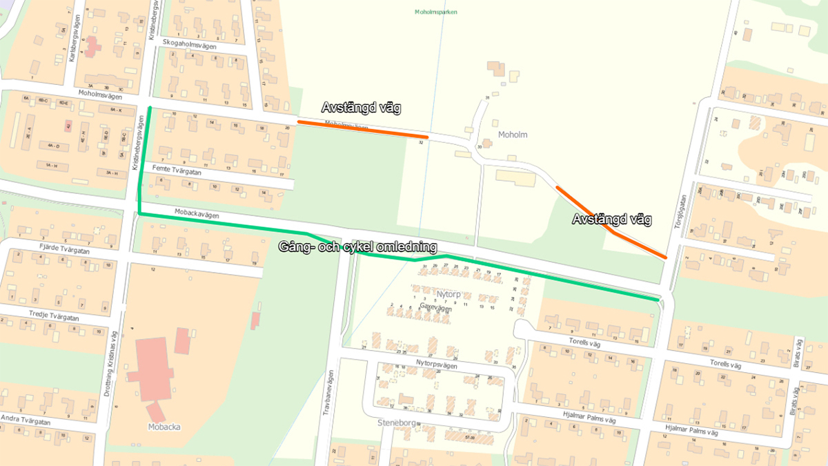 Karta som visar att gång- och cykelbanan är avstängd efter Moholmsvägen och att omledningen går via Mobackavägen.
