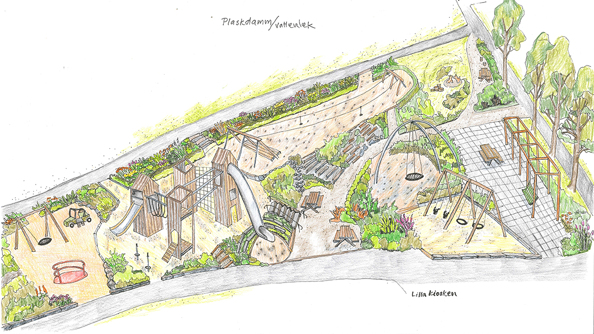 Illustration för hur det kommer se ut i Stadsparkens lekplats med klättertorn, ruschkanor, gungor, bänkar och växter. 