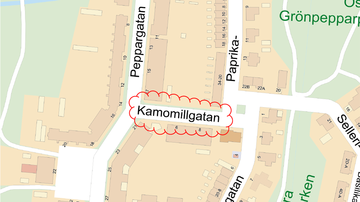 Kartillustration över Kamomillgatan med anslutande gator.
