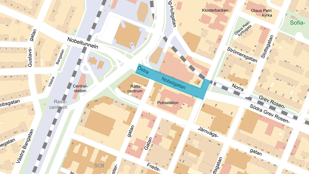 Kartbild över avstängning på Östra Nobelgatan.