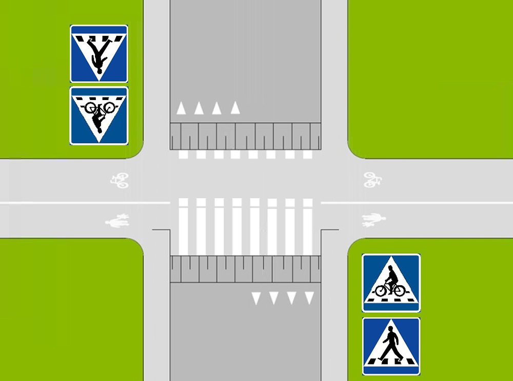 Illustration som visar cykelöverfart och övergångsställe