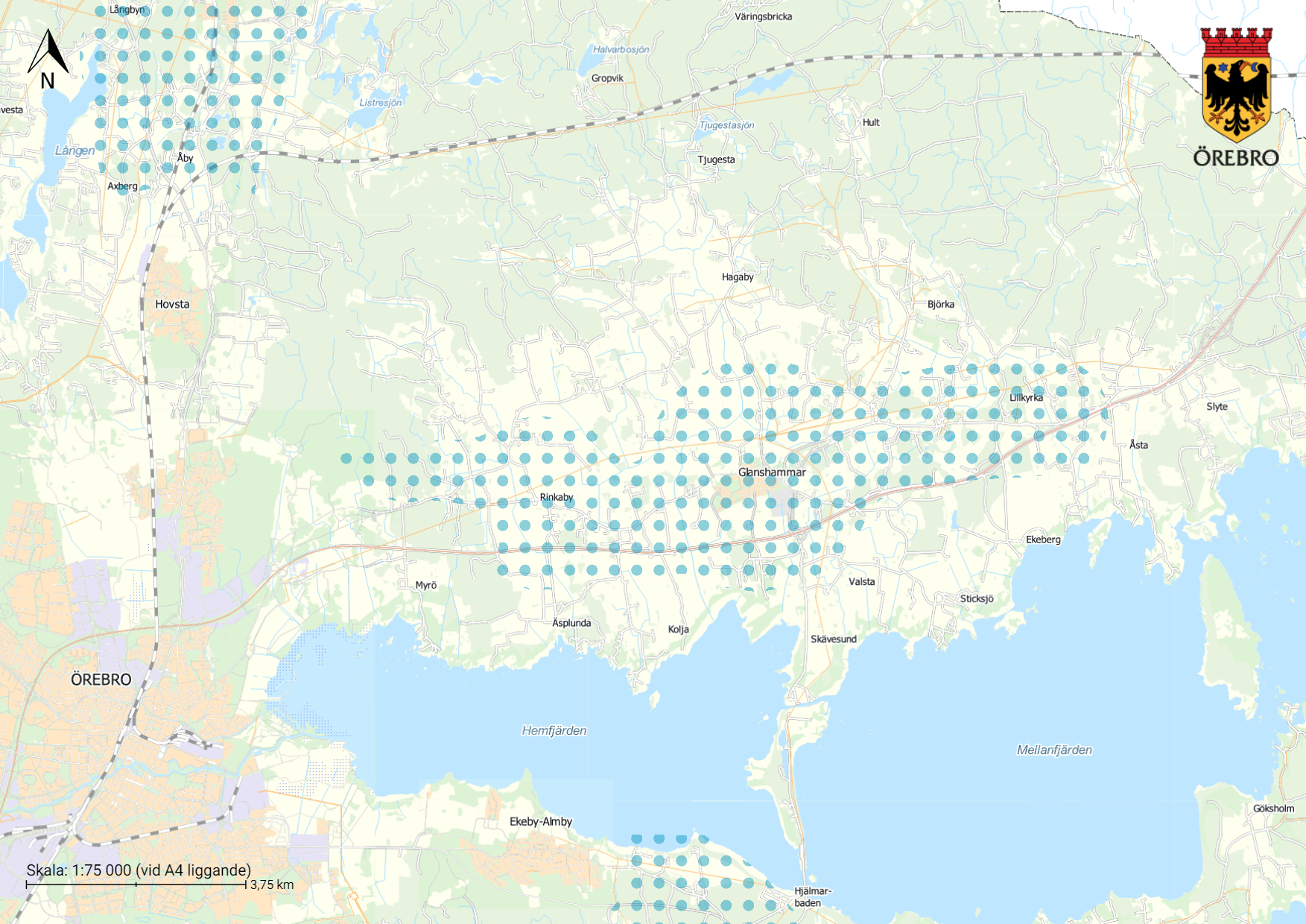Karta som visar stråket Rinkaby-Glanshammar-Lillkyrka och Örebro.
