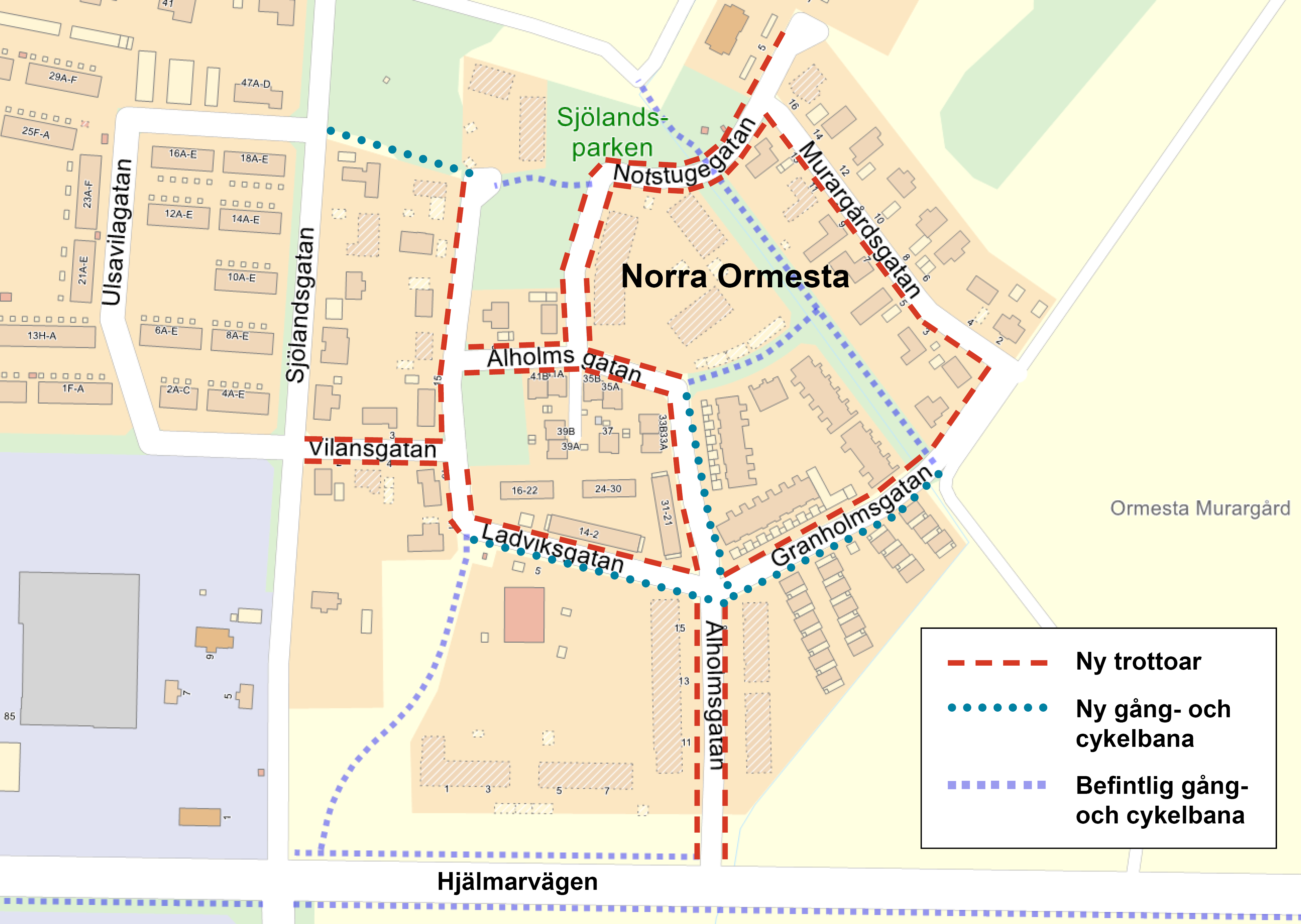 Karta över hur gatorna ska färdigställas, med trottoarer och gång- och cykelbanor. 