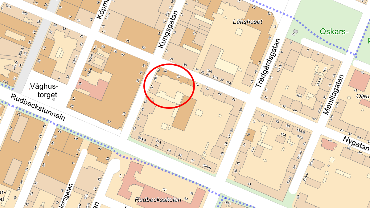 Kartbild över Kungsgatan 19, Nygatan 34–38 med markering vid Kornboden 1 och 19.