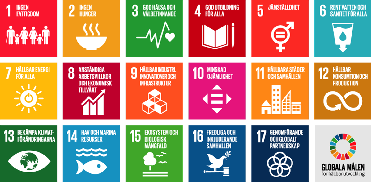 17 rutor med de globala målen i Agenda 2030. 