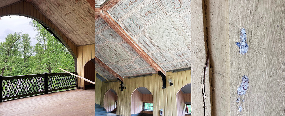 Tre bilder som visar utsikt från loft, takmålningar samt spår av dekorationsmålning på vägg.