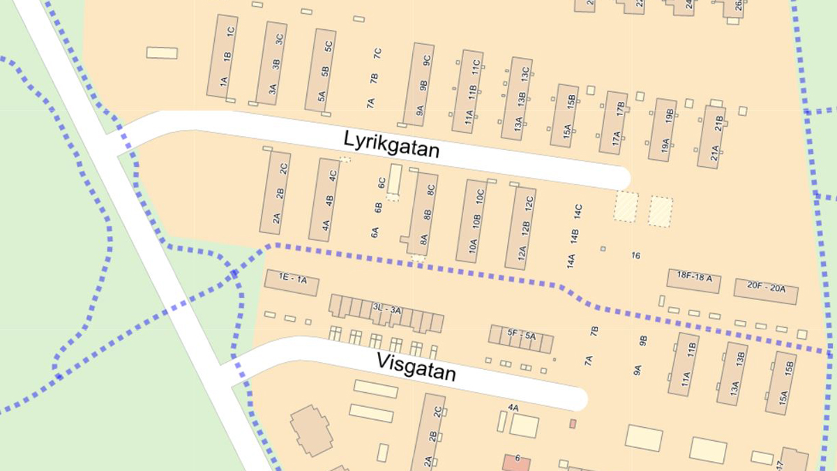 Kartbild med tidigare sträckning mellan Visgatan och Lyrikgatan, gång- och cykelbana