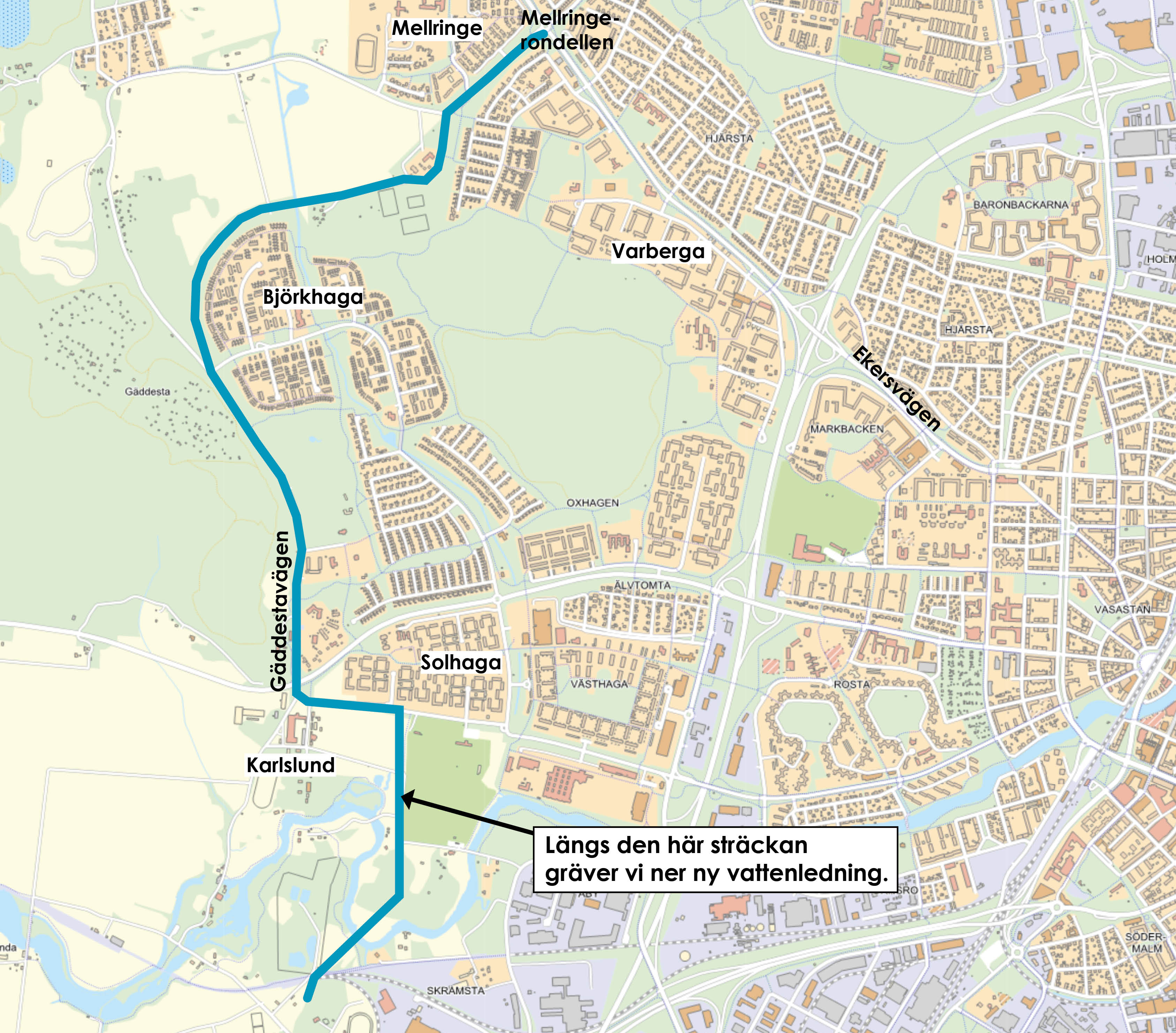 Karta över sträckningen för Nya VA-ledningen från Karlslund till Mellringerondellen