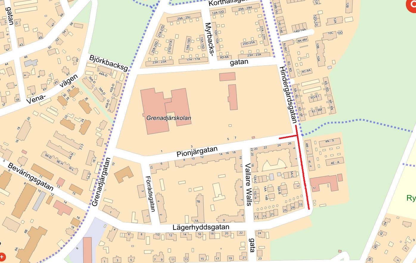 Kartbild över Hindergårdsgatan med gator runtom.