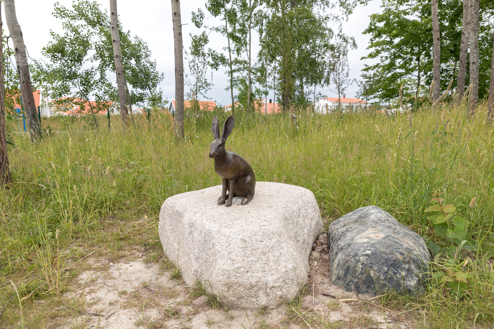 En hare i brons sitter på en sten.