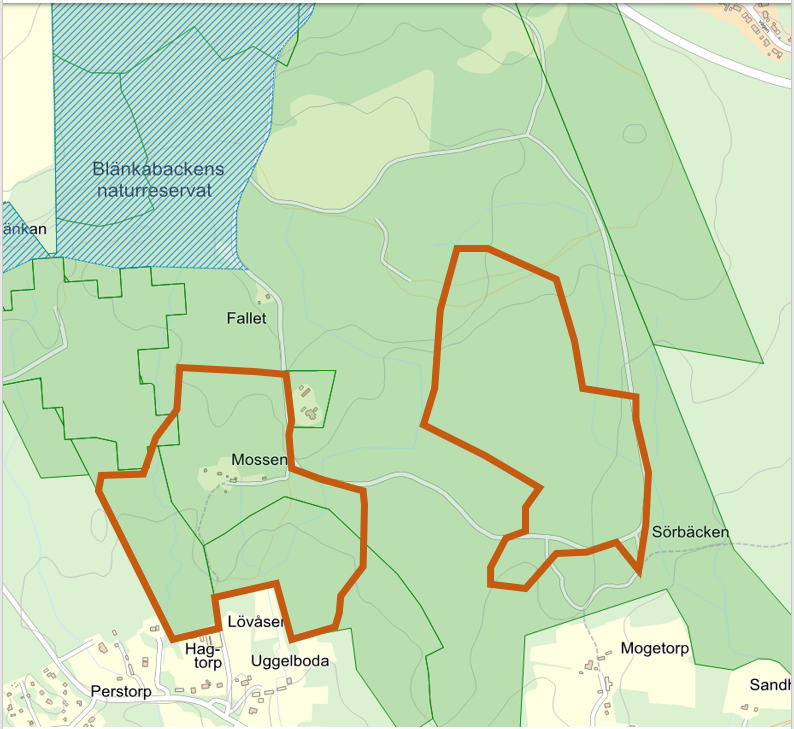Karta med markering där skogsavverkning kommer att ske vid Hjälmarsberg/Blänkabacken.