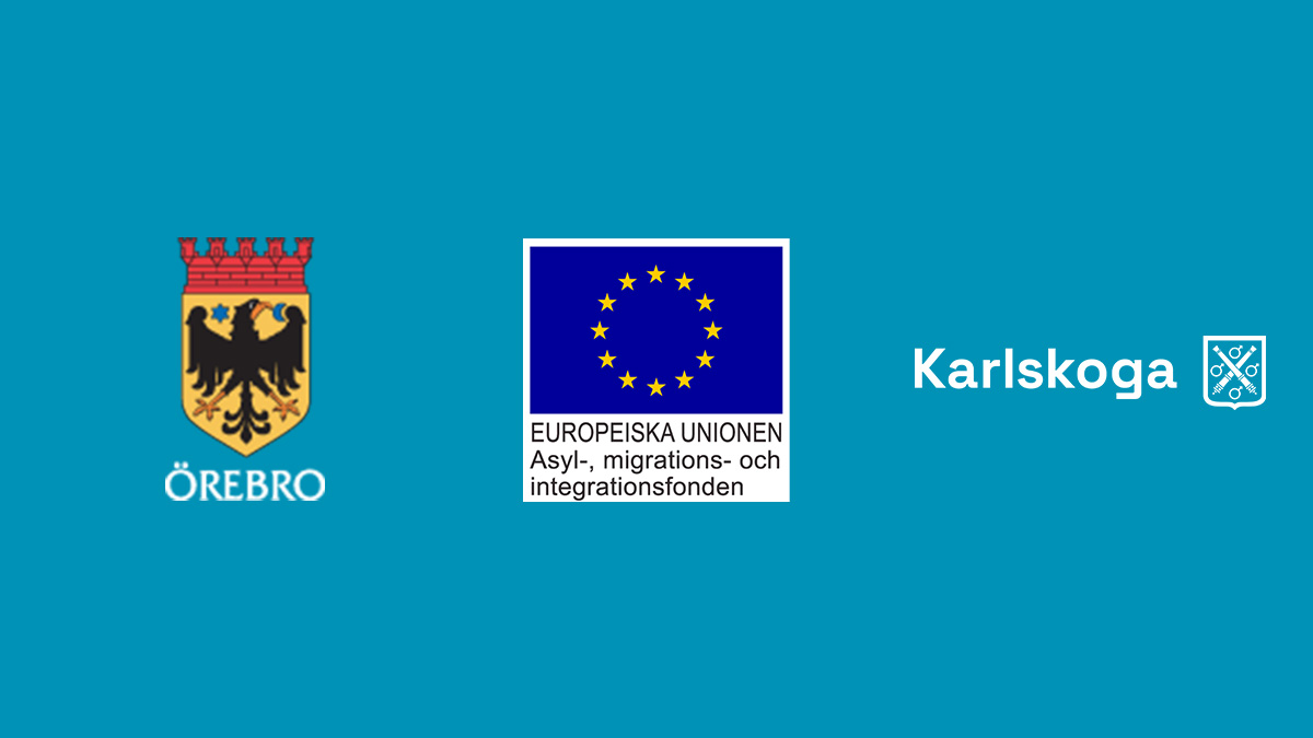 Logotyper för Örebro kommun, Karlskoga kommun, samt Europeiska Asyl-, migrations- och integrationsfonden.