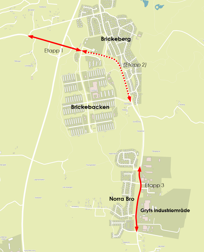 Karta som visar arbetsområdet vid Brickebacken och Norra Bro.