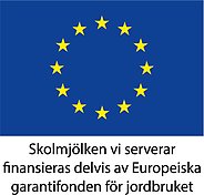 EU-flagga med texten Skolmjölken vi serverar finansieras delvis av Europeiska garantifonden för jordbruket.