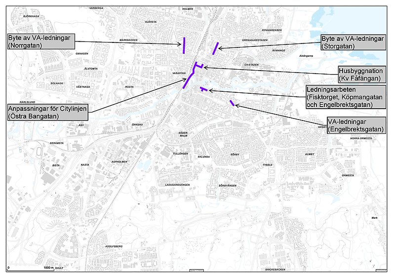 Karta över planerade
gatuarbetena med större påverkan på framkomligheten i centrala Örebro under
2024.