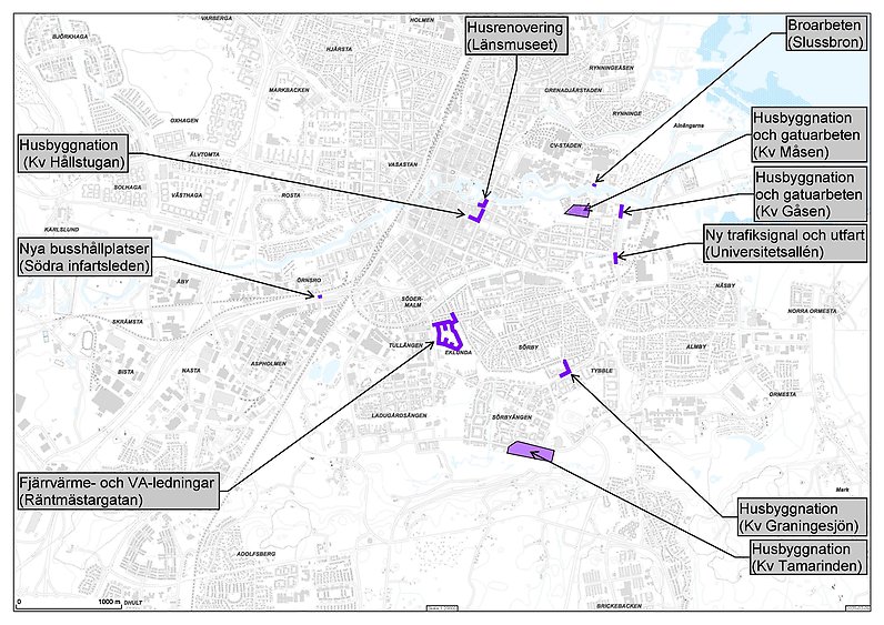 Karta över planerade
gatuarbetena med mindre påverkan på framkomligheten i centrala Örebro under
2024.