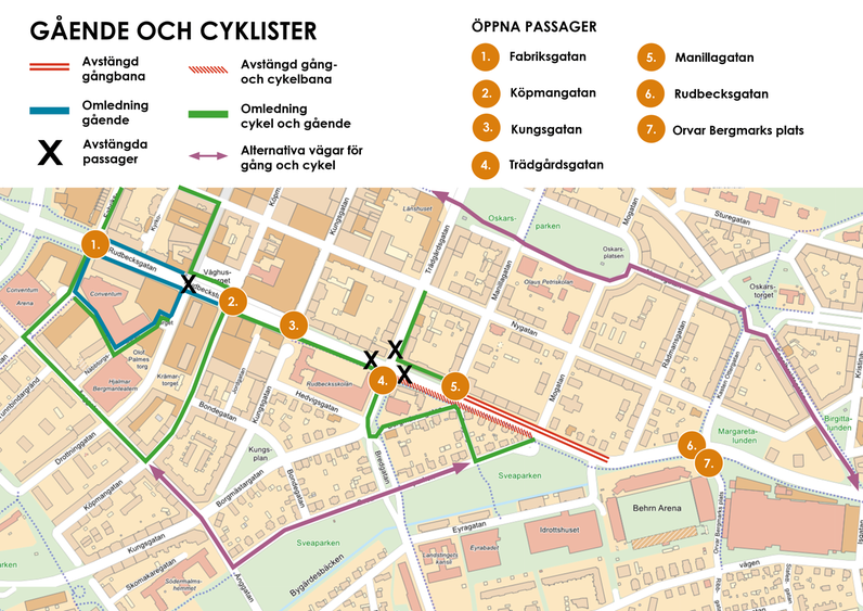 Karta över omledning och avstängning för gående och cyklister längs Rudbecksgatan.