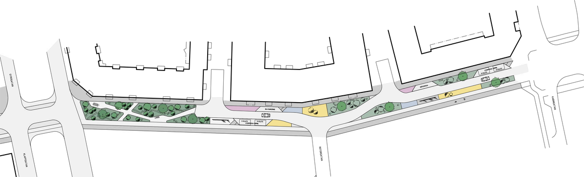 Skissförslag över utformningen av Termikgatan, sträckan mellan Gyrogatan/Klaffgatan och Kabingatan.