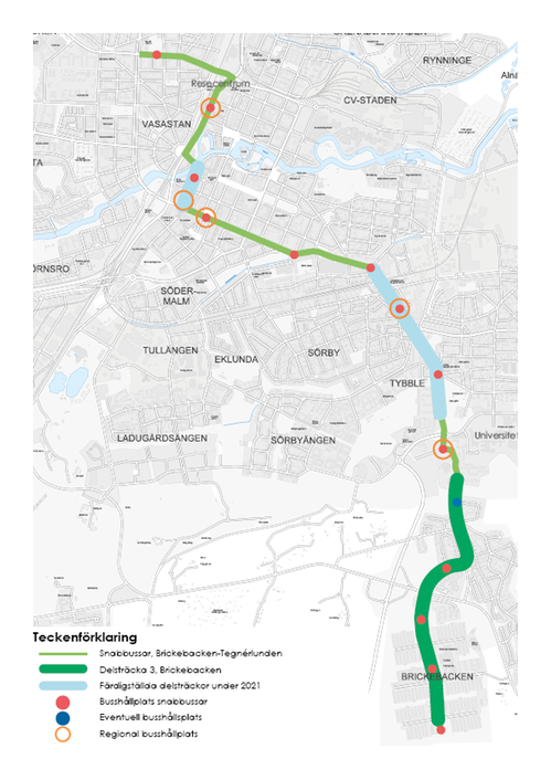Karta över BRT-linjen med busshållplatserna i Brickebacken utmärkta samt färdiga delsträckor.