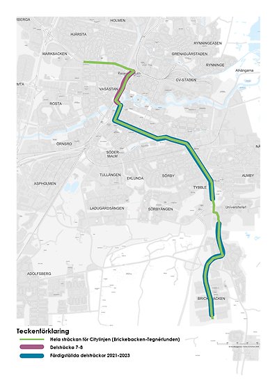 Karta över BRT-linjen med markering för delsträcka 7-8 samt färdigställda delsträckor under 2021-2023.